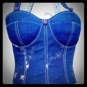 Vintage 90's Denim Jean  Corset  Embroidered Flora